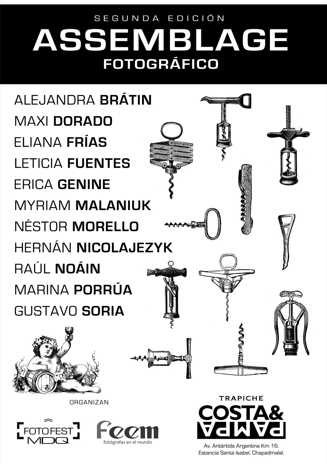 Afiche de la segunda edición de Assemblage fotográfico, con los once autores y una lámina de sacacorchos antiguos