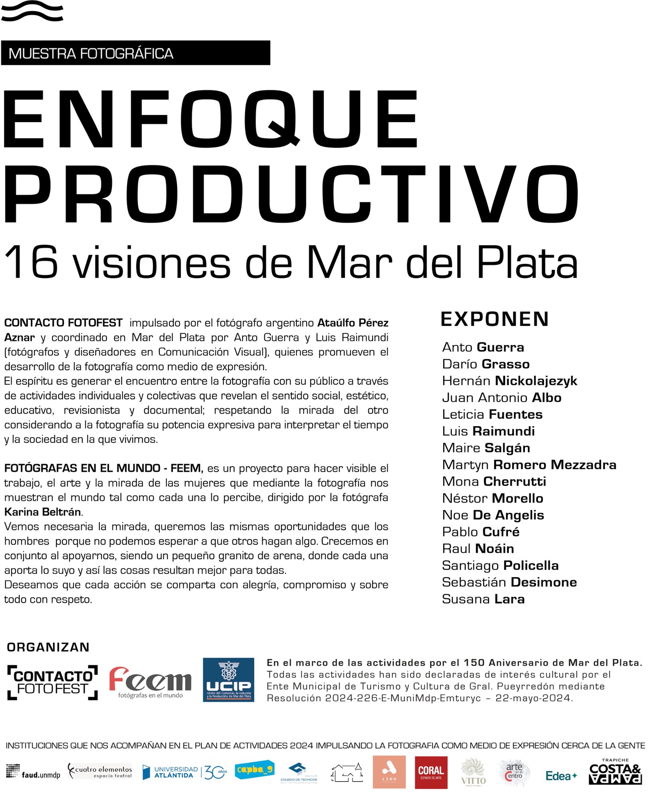 Afiche de Enfoque productivo, con el texto de la muestra y los dieciséis autores