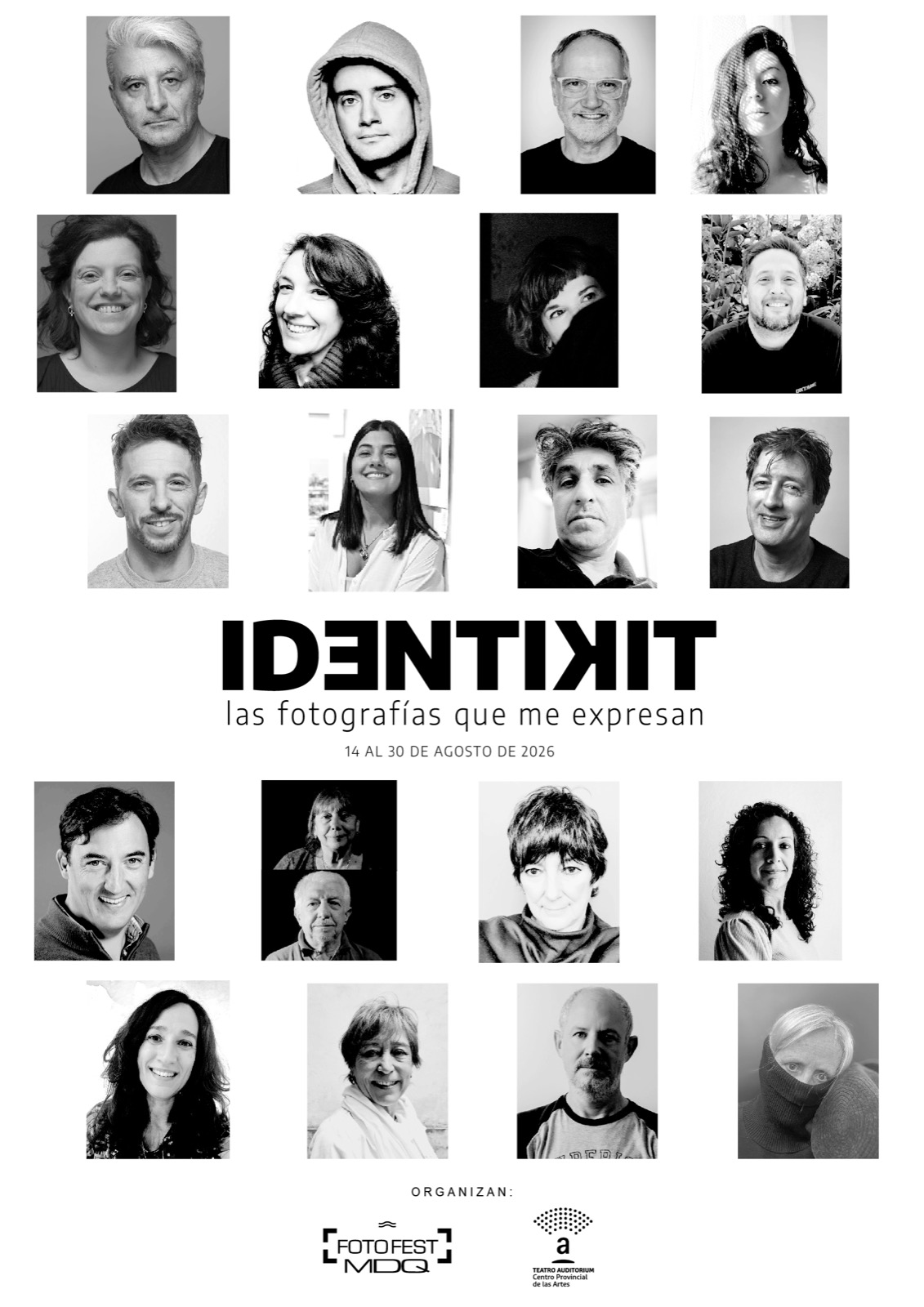 Afiche de IDENTIKIT en el Teatro Auditorium, con los retratos y los nombres de los veintiún autores