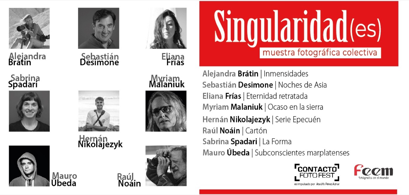 Placa de Singularidad(es) con los retratos de los ocho autores y sus series