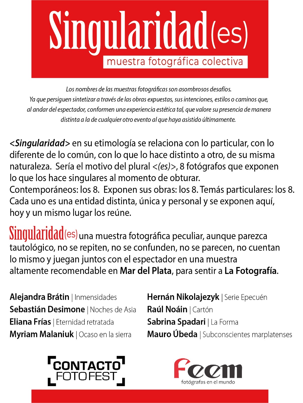 Afiche de Singularidad(es), con el texto de la muestra y las ocho series